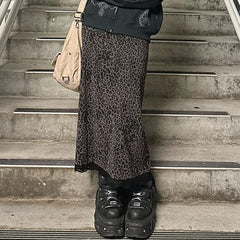 Vintage Leopard Print Sheer Mesh Skirt Women's American Style Lace Trimmed Bodycon Dress New Arrival Medium Length Dress