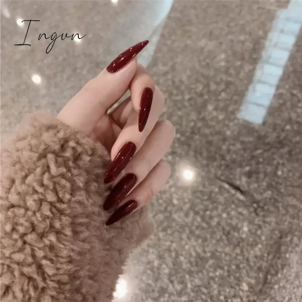 24Pcs 3D Long Almond False Nails Red Nude Ballet Stiletto Wearable Fake Nails MilkTea Color Jelly Full Cover Press On Nail Tips