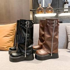 New Autumn Versatile Women's Platform Flat Heel Women's Long Boots Fashion Zipper Rider Botas Casual Goth Knee-high Boots