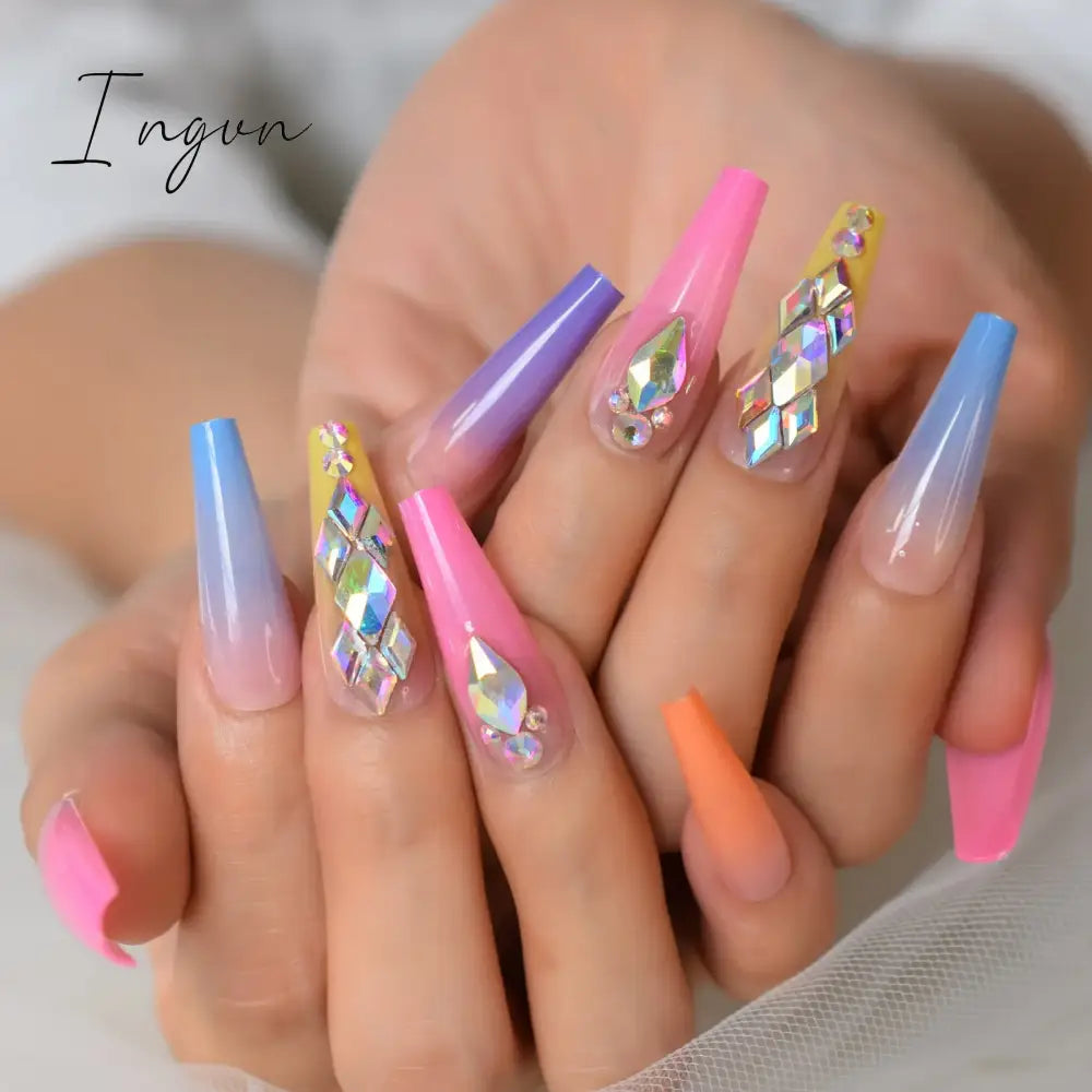 Extra Long Stiletto Press on False Nails Full Cover 3D Rhinestone Fake Nails Manicure Nail Art Tips Set for Wedding Party