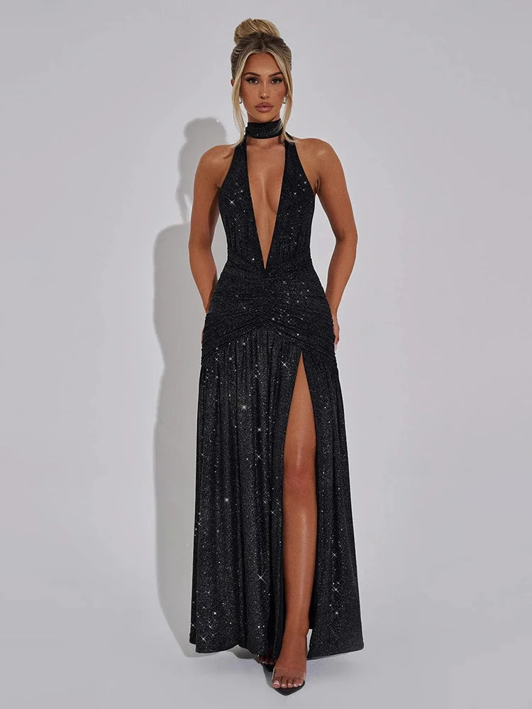 Glitter Deep V Neck Sexy Maxi Dress For Women Fashion Sparkle Halter Sleeveless Backless Split Club Long Dress