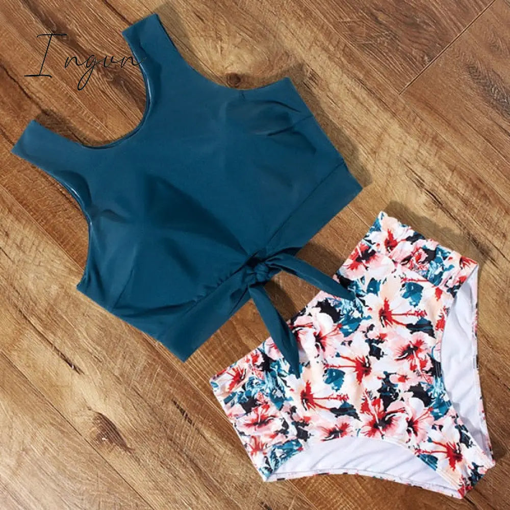 Ingvn - High Waist Bikini Leopard Swimsuit Women Bikini Floral Swimsuit Print High Neck Bikini Push Up Swimwear Snake Bathing Suit