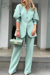 Ingvn - Elegant Solid Buttons V Neck Long Sleeve Two Pieces