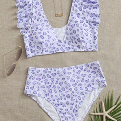 new European and American leopard print ruffled independent station bikini ladies split swimsuit