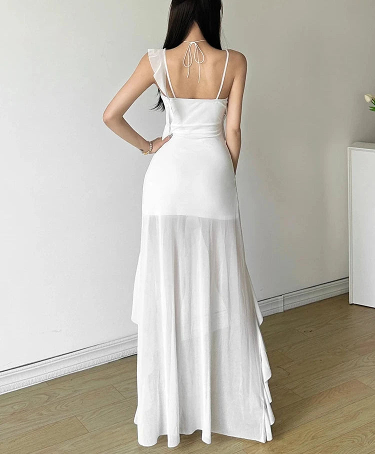 White Sweet Gentle Mature Ruffles Beautiful Summer Street Out Women'S Thin Perspective Tassel Design Long Sling Dress