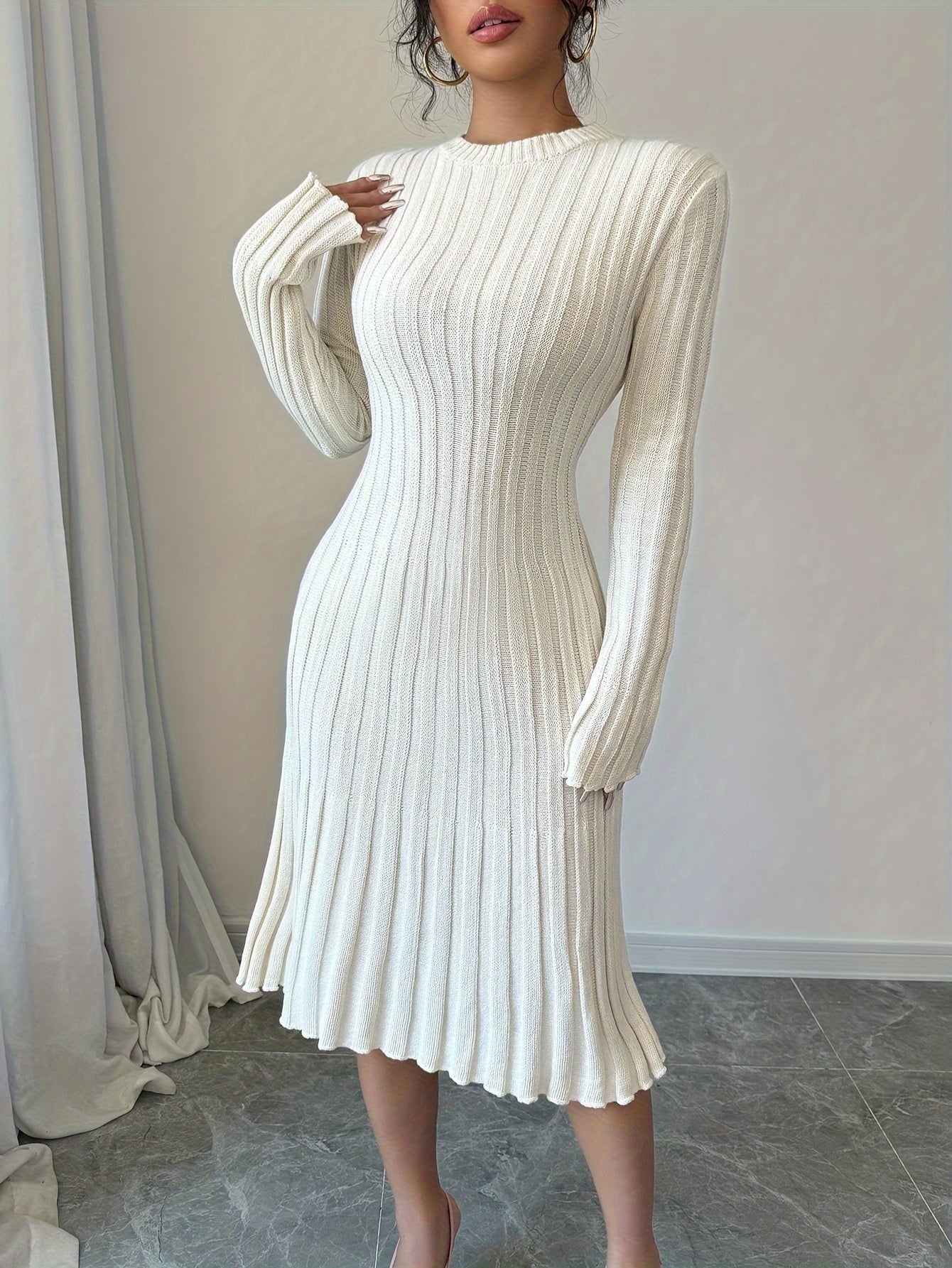 [Long Sleeve Ribbed Knit Sweater] Elegant Solid Color Ribbed Knit Sweater Dress for Women - Crew Neck, Long Sleeve, Pleated Design, Perfect for Fall & Winter