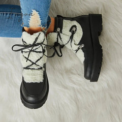 Ingvn - Women's Faux Shearling Stiching Lace Up Snow Boots