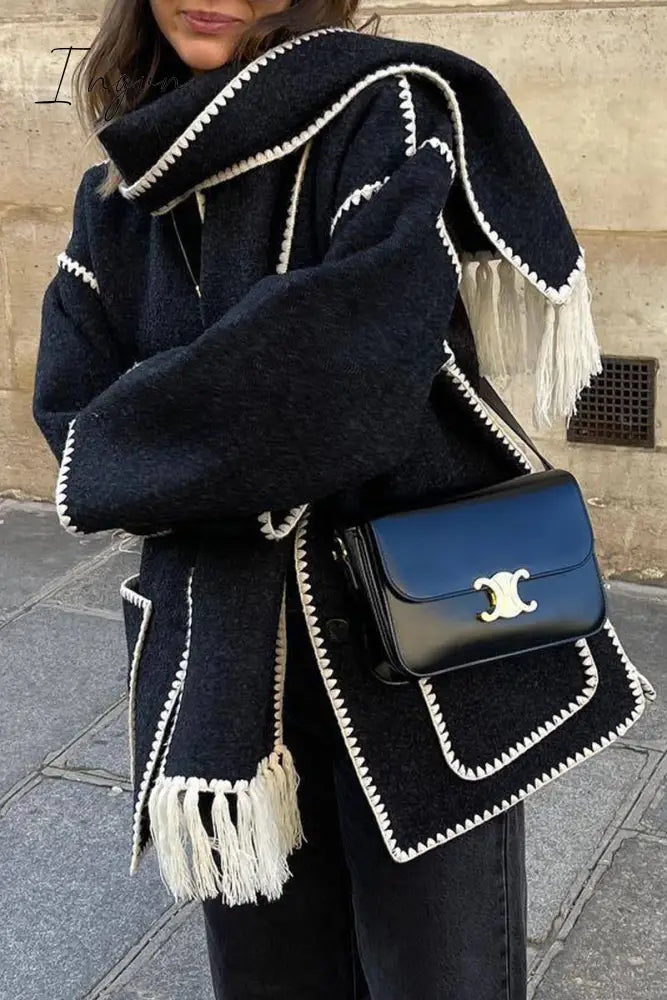 Ingvn - Casual British Style Solid Tassel Contrast Scarf Collar Outerwear