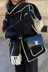 Ingvn - Casual British Style Solid Tassel Contrast Scarf Collar Outerwear