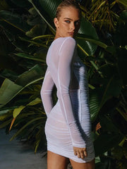 Ingvn - Autumn Long Sleeve Bodyc Mini Dress Women Stretch Mesh O Neck Ruched Dresses Sheer Backless Skinny Sexy Party Dress