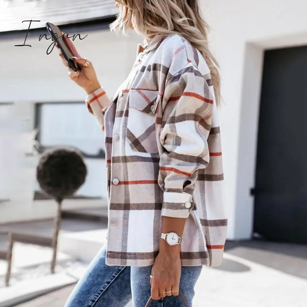 Ingvn - Shirts For Women Plaid Long Sleeve Button Up Shirt Collared Tops And Blouse Autumn Spring Fashion Loose Casual Black White