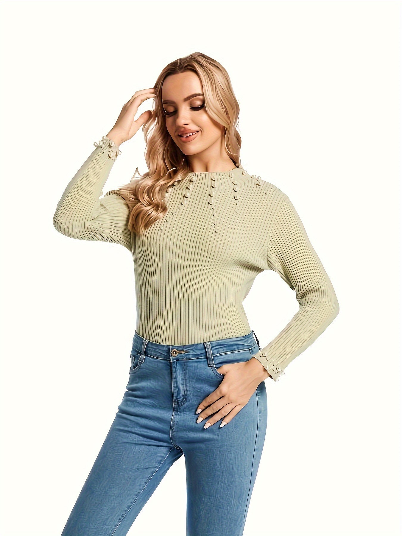Stylish Beaded Mock Neck Sweater - Pullovers for Women - Long Sleeve, Casual, Fall and Winter Essential, Soft and Cozy Clothing with Decorative Accents