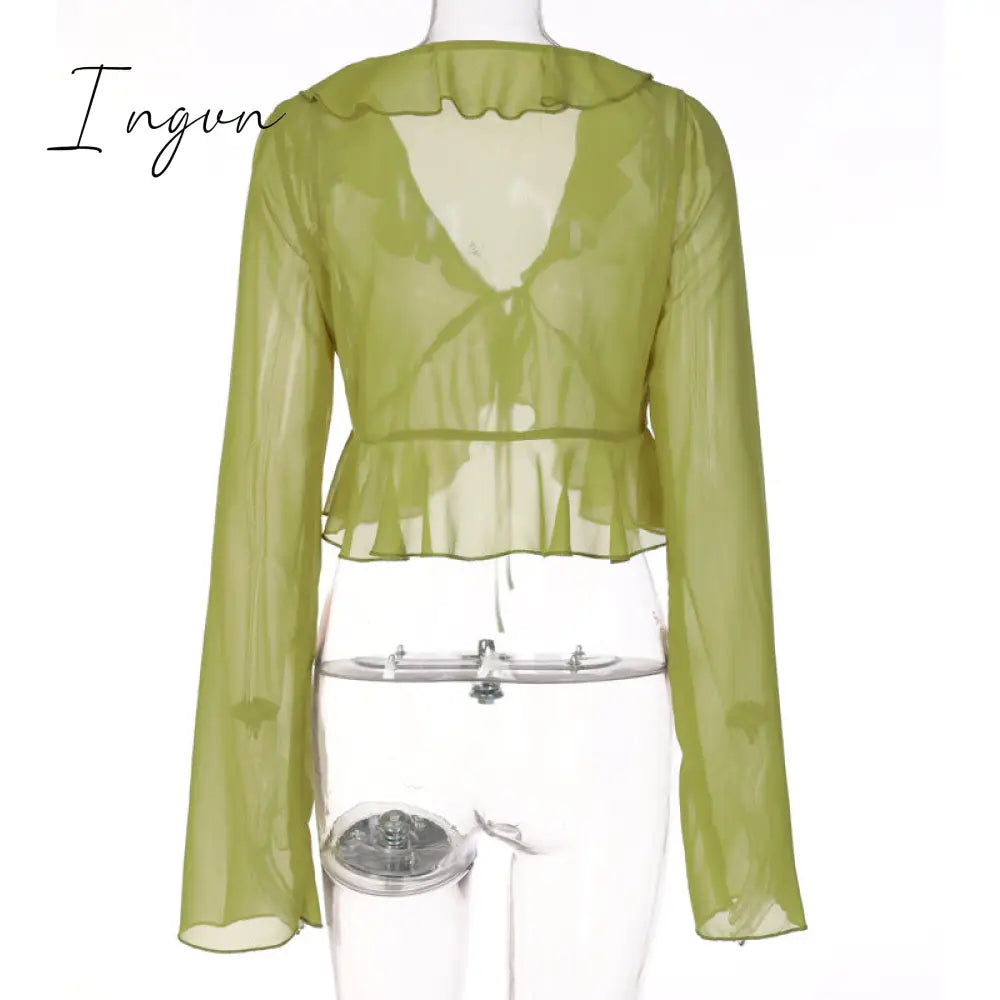 Ingvn - Summer Outfits Vintage 90s Streetwear Ruffles Trim Green Chiffon T-shirts Y2K Fashion Sexy Deep V Lace Up Long Sleeve Tops Transparent