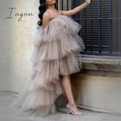 Ingvn - Hot Sale Ruffled Tulle Dress Women Puffy Hi Low Party Night Dresses Tiered Sleeveless Long Tutu Skirt Chic Photo Shoot Dress