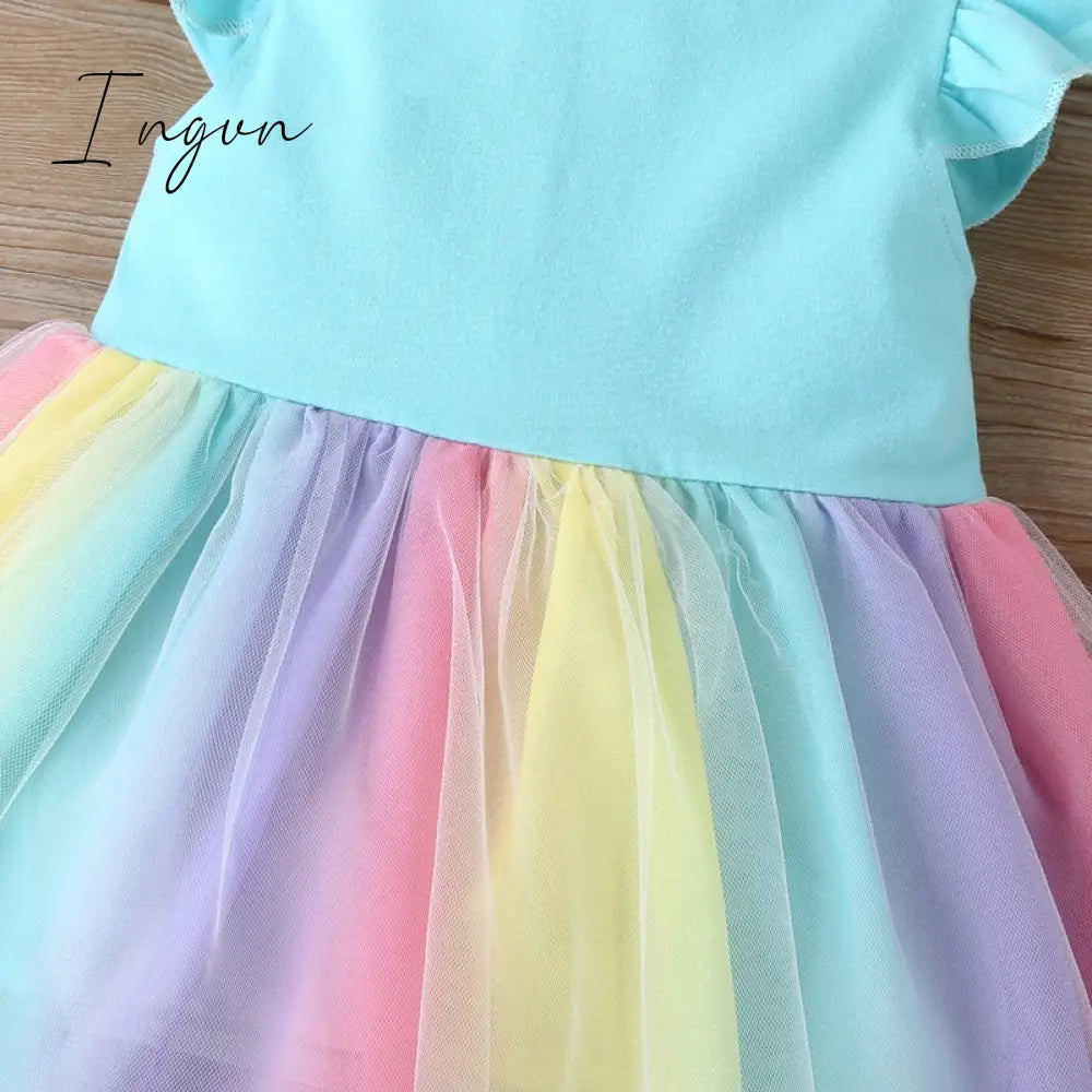 Ingvn - New Summer Baby Girls Tutu Dress Children Party Little Girl Kids Clothes Flying Sleeve Princess Rainbow Patchwork Outfits Dress