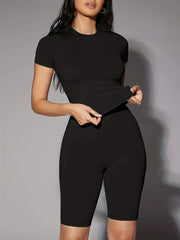 Two-Piece Chic Pantsuit Set - Crew Neck Short Sleeve Top & Cropped Leggings Outfit for Women - Comfortable, Versatile, and Stylish Casual Wear for Everyday