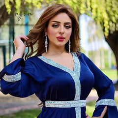 Ingvn - Siskakia Satin Maxi Dress For Women Turkey Arabic Diamond V Neck Long Sleeve Jalabiya Muslim Islamic Ethnic Fall New