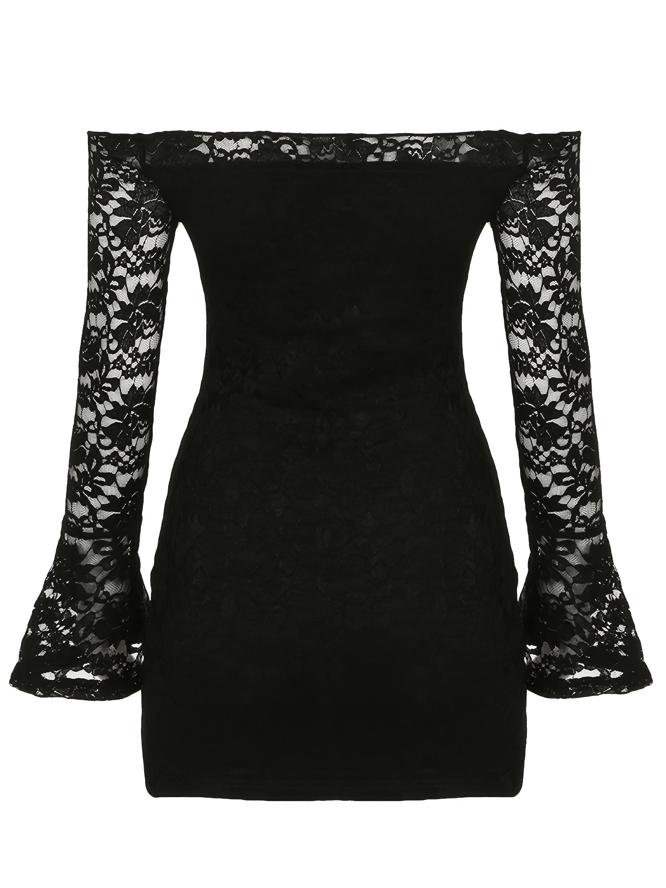 Elegant French Lace Patchwork Off-Shoulder Dress with Hollow Floral Design, Chic Bodycon Trumpet Long-Sleeve Dress for Parties And Vacations.