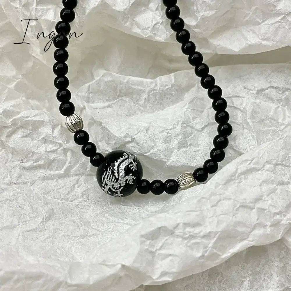 Harajuku Dragon Pattern Black Onyx Beads Necklace for Women Men Vintage Trend Y2K Egirl Black Agate Beaded Choker On The Neck