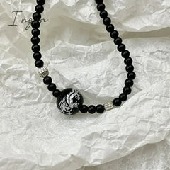 Harajuku Dragon Pattern Black Onyx Beads Necklace for Women Men Vintage Trend Y2K Egirl Black Agate Beaded Choker On The Neck