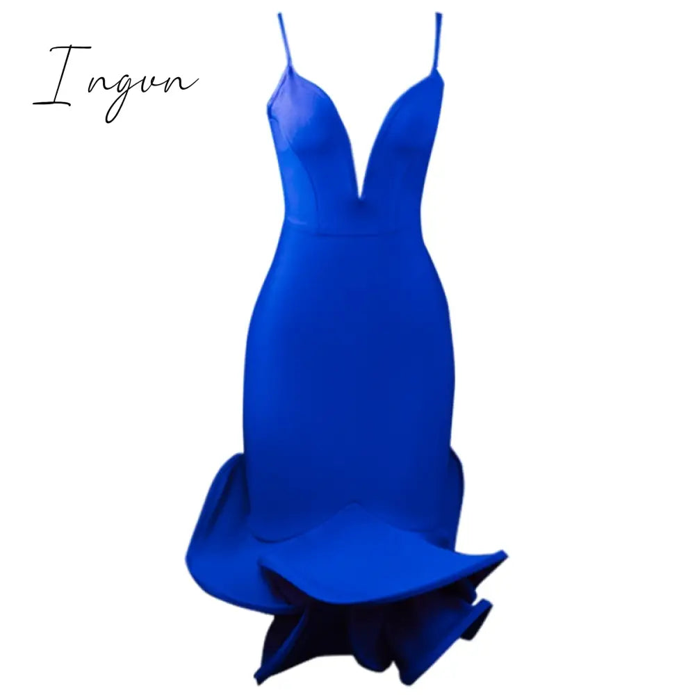 Ingvn - High Quality Pink White Black Slip Ruffles Rayon Bandage Dress Elegant Evening Party Dress