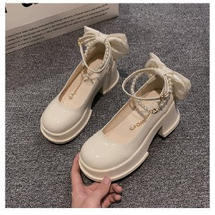 Fashionable Versatile Women's Shoes Spring New Style French Pearl Thick Heel Small Leather Shoes Polyamide Sole Rubber Upper