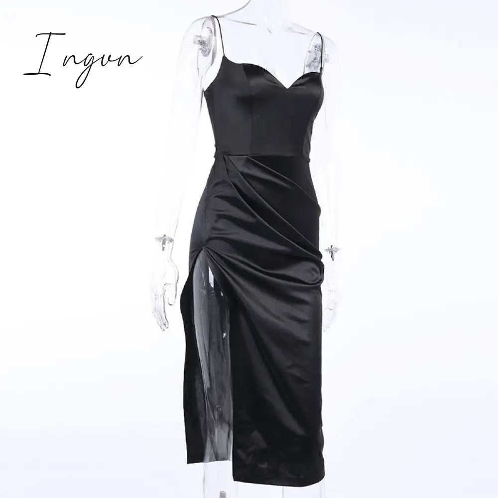 Ingvn - Summer Dresses For Women Sexy Black Satin Spaghetti Straps Low Cut Long Dress Women Summer Ruched Side High Split Maxi Dress Elegant Party Club