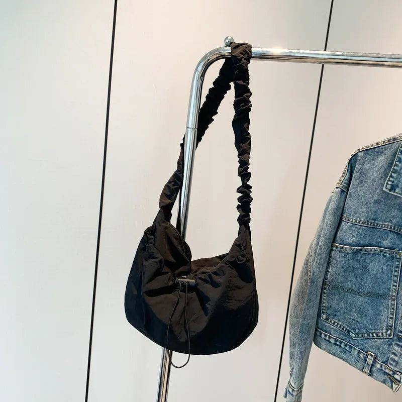Ingvn  Soft Nylon Women's Drawstring Shoulder Bag Pleated Strap Female Hobos Crossbody Bags Large Capacity Ladies Solid Color Handbags