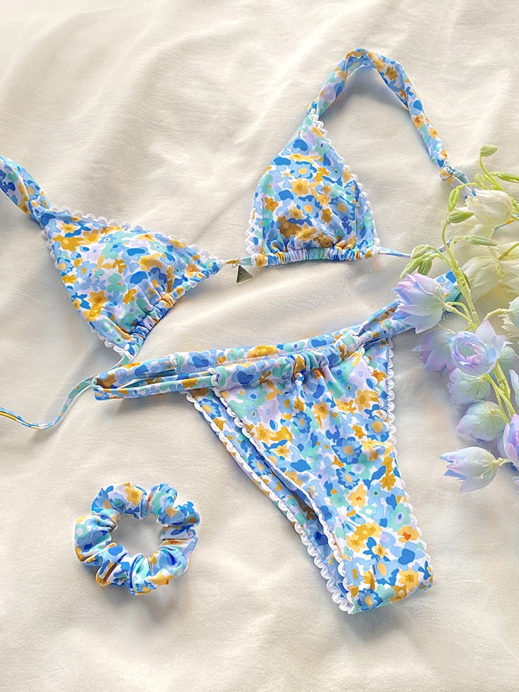 Floral Print Swimsuit Women Bathing Suit Bikinis Biquini High Cut Swimwear Sexy Push Up Bikini Set Feminino Beach Outing