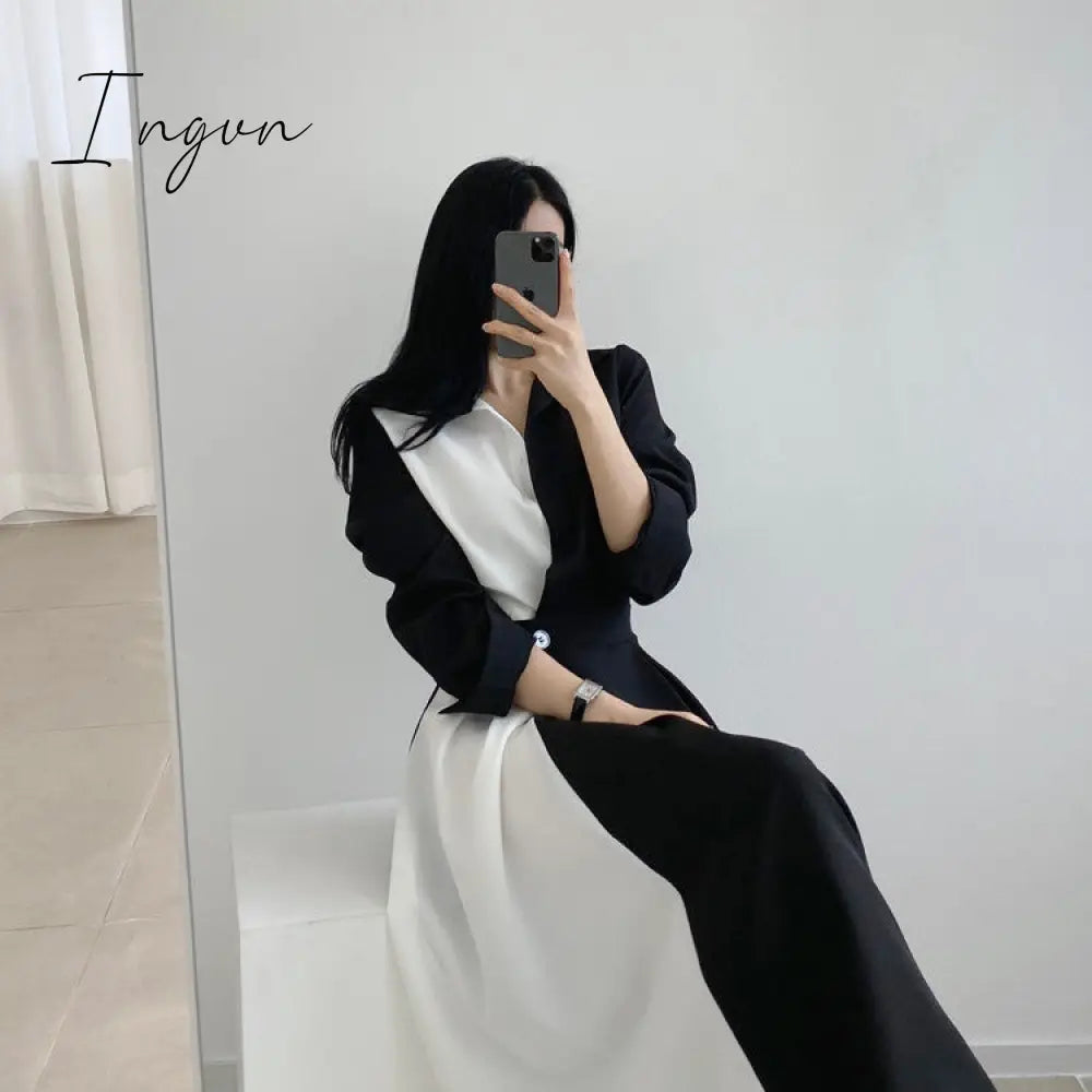 Ingvn - Spring Autumn Retro Temperament Contrast Color Lapel Long-Sleeved Shirt Female Midi Dress Korean Elegant Fashion Slim Chic Dress