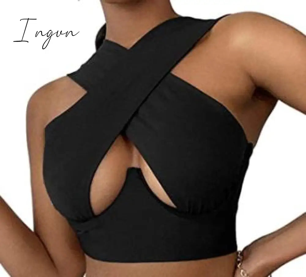 Ingvn - Women's Criss Cross Tank Tops Sexy Sleeveless Solid Color Cutout Front Crop Tops Party Club Streetwear Summer Lady Bustier Tops