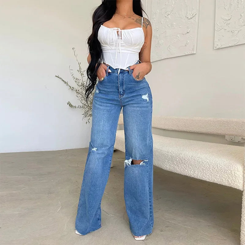 Ingvn  Women's Denim Pants  Summer Fashion High Waisted Handmade Frayed Edge Wide Leg Pants Streetwear Ripped Baggy Jeans