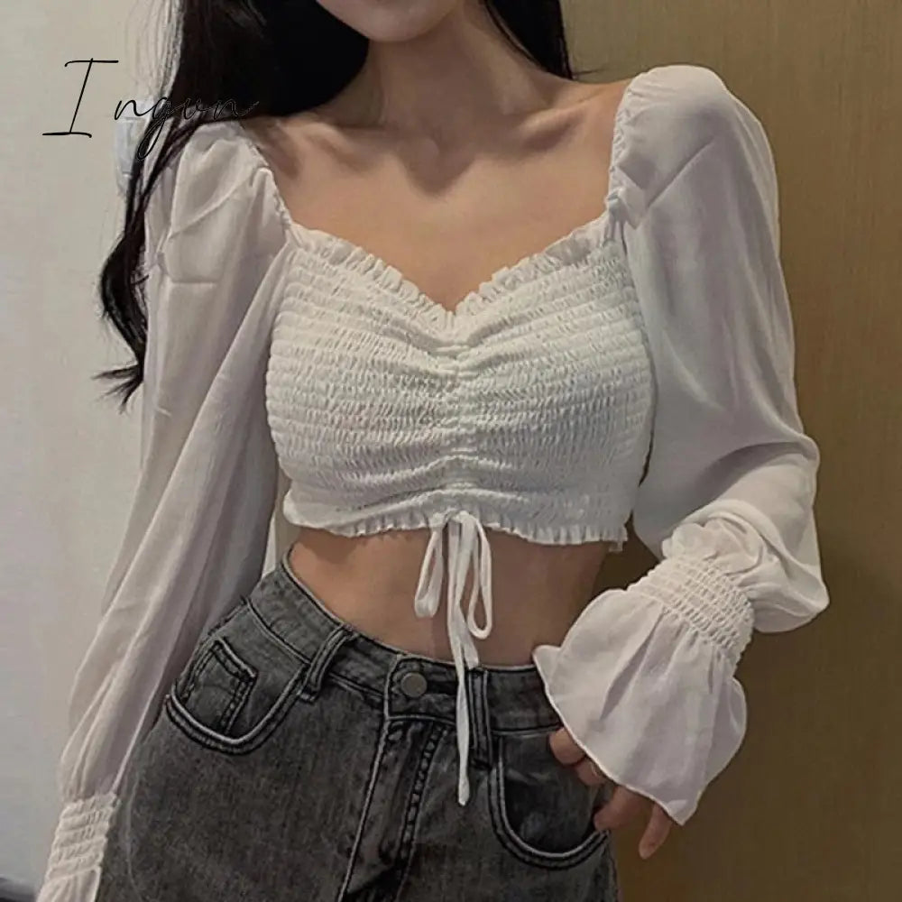 Ingvn - Low cut Blouse Woman Fashion Pretty Blouses Crop Top Youth Elegant Puff sleeve Chiffon Shirt Sexy