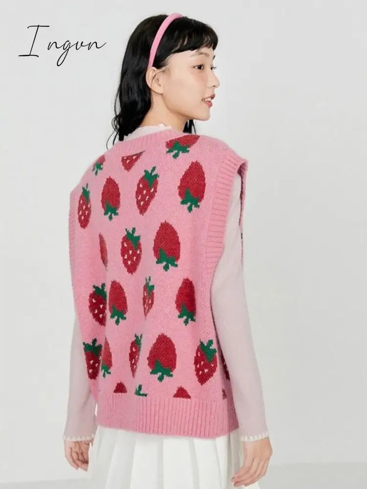 Ingvn - Sweater Vests Women Pink Knitwear Strawberry-print Harajuku Sweet All-match Chic Soft Casual Classic Simple Streetwear
