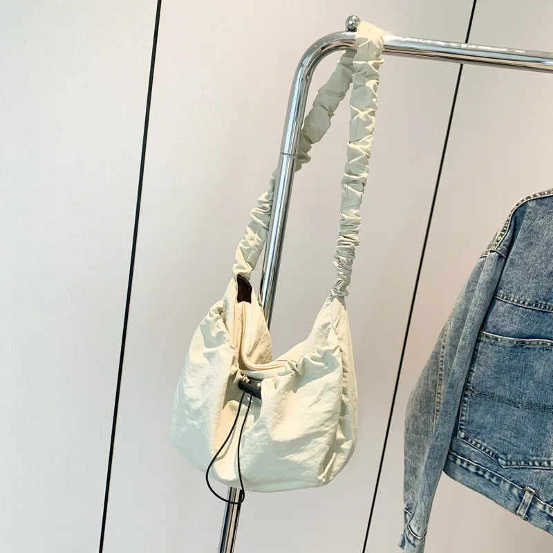 Ingvn  Soft Nylon Women's Drawstring Shoulder Bag Pleated Strap Female Hobos Crossbody Bags Large Capacity Ladies Solid Color Handbags