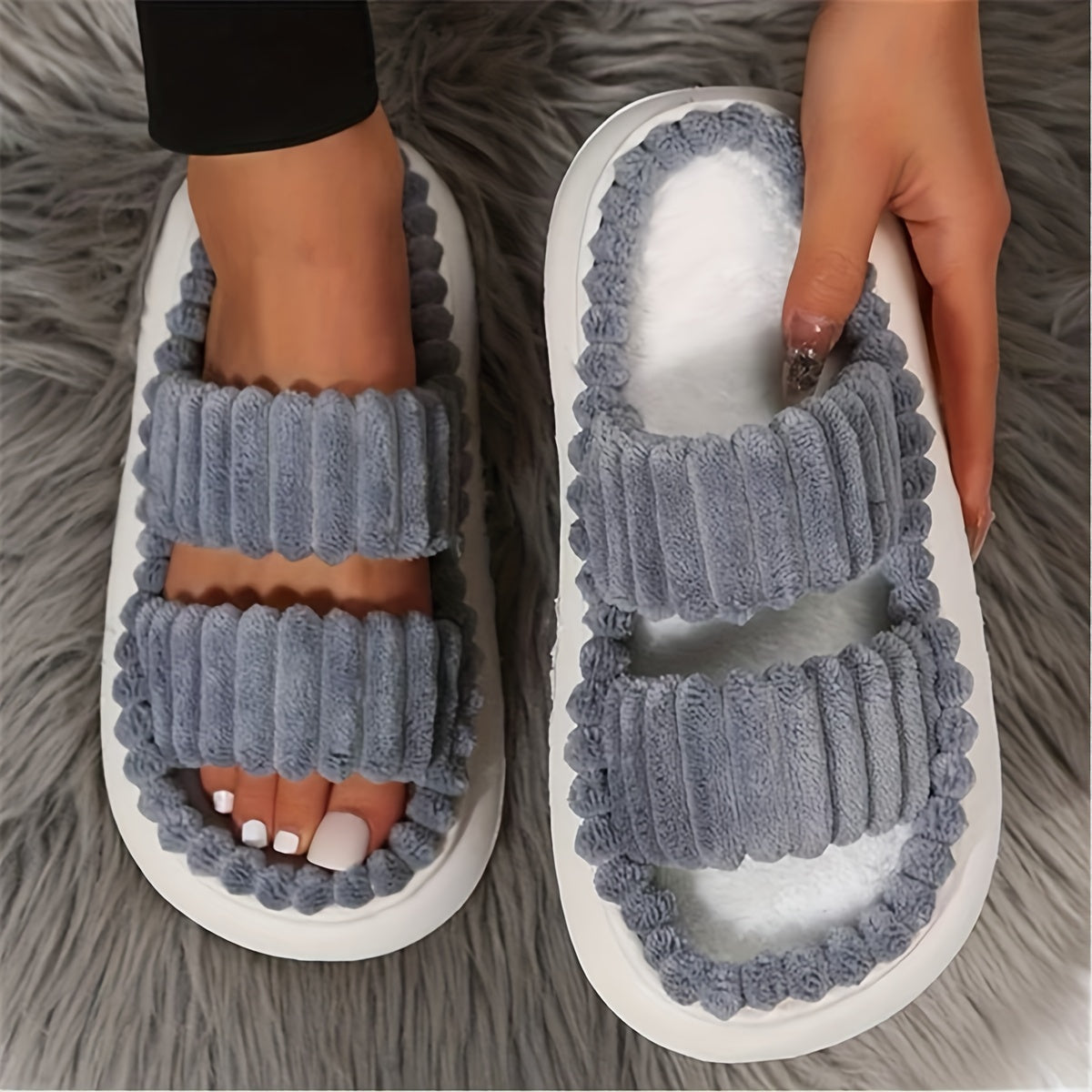 Chic Plush Double-Strap Slippers - Comfy Non-Slip Sole, Open-Toe Design - Stylish Indoor Footwear