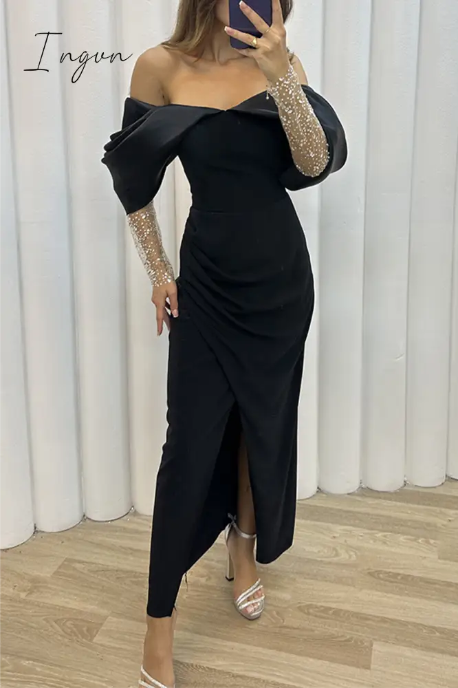 Ingvn - Elegant Solid Slit Fold Off the Shoulder Evening Dress Dresses
