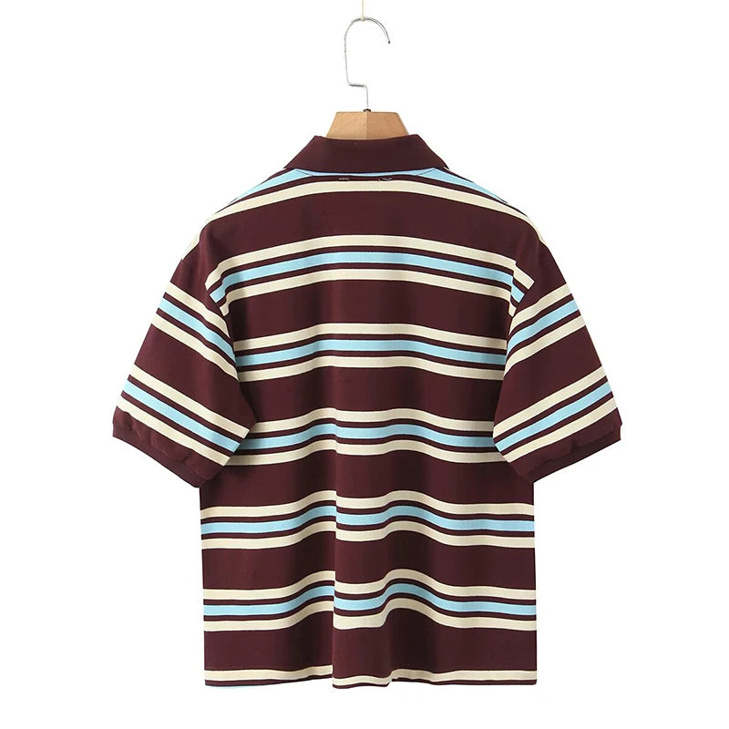 Women American Retro Contrasting Striped T Shirt Women Polo Collar Short Sleeve Preppy Vintage Tees Y2K Tops