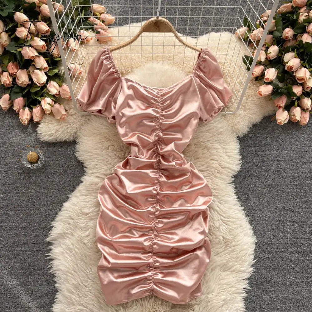 Ingvn - Ins Fashion Sexy Mini Bandage Dress Women Summer Slim Ruched Club Dress Sheath Off Shoulder Pink White Dress