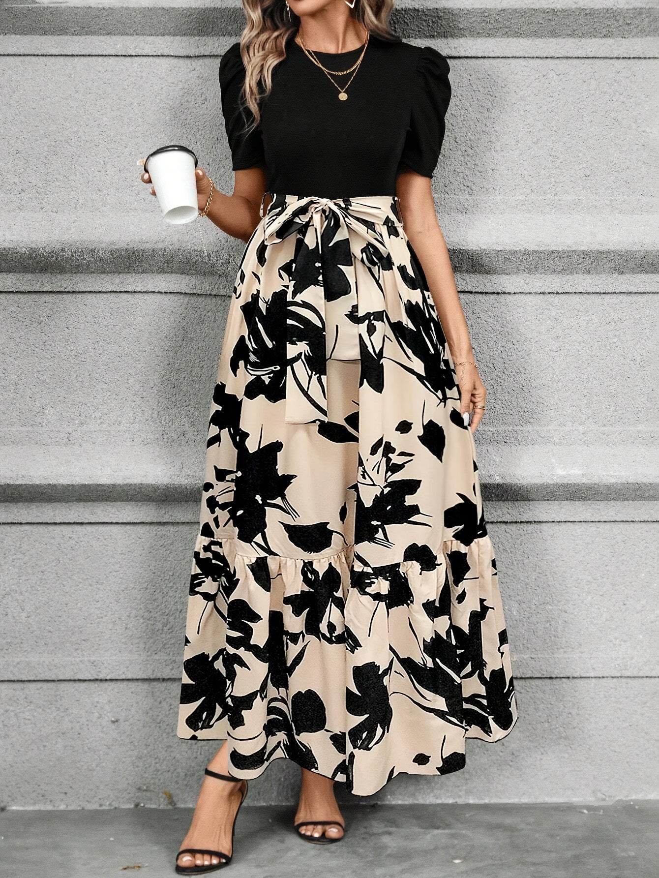 Lace Up Floral Print Splicing Dress, Elegant Crew Neck Short Sleeve Dress For Spring & Summer, Women's Clothing
