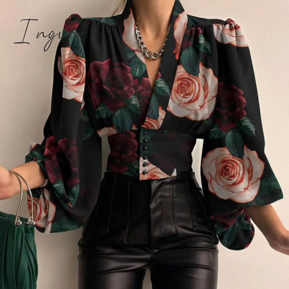 Ingvn - Spring Fashion Women Shirt Lantern Long Sleeves Casual Solid Color Printed Slim Buttons V Neck Blouse Commute High Street Shirts