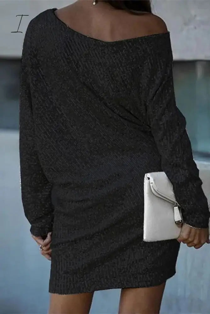 Ingvn - Elegant Solid Sequins Oblique Collar A Line Dresses