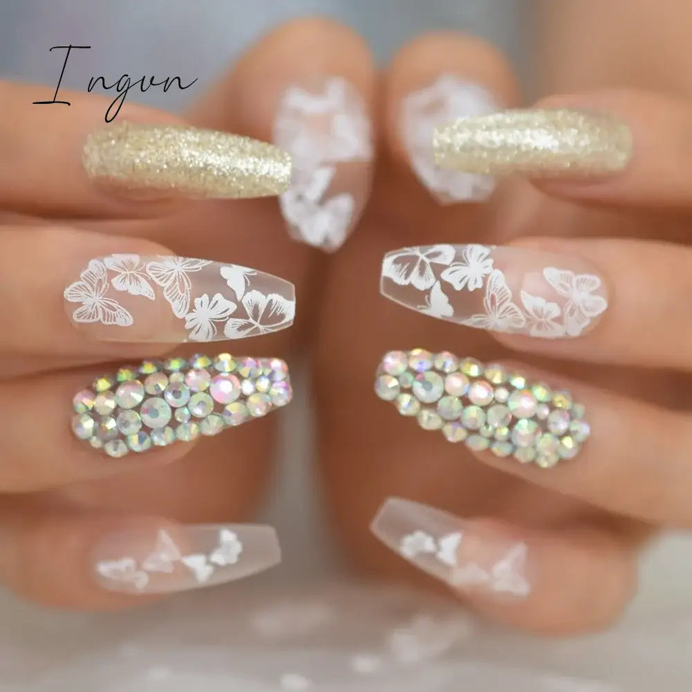 Extra Long Stiletto Press on False Nails Full Cover 3D Rhinestone Fake Nails Manicure Nail Art Tips Set for Wedding Party