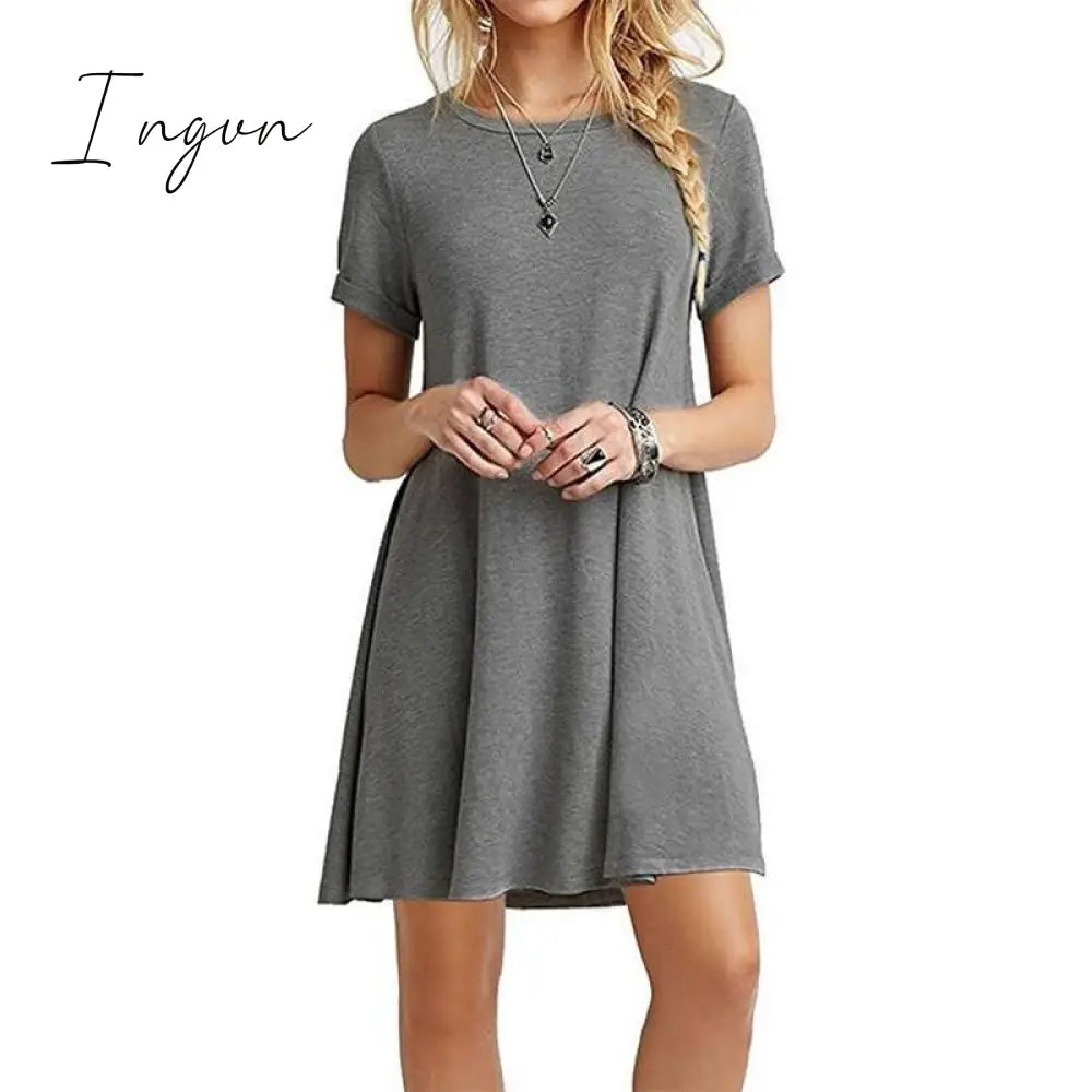 Ingvn - Women Female Short Sleeve Loose Mini Short A-line Dresses Summer Beach Casual Dress Candy Color S-XXL