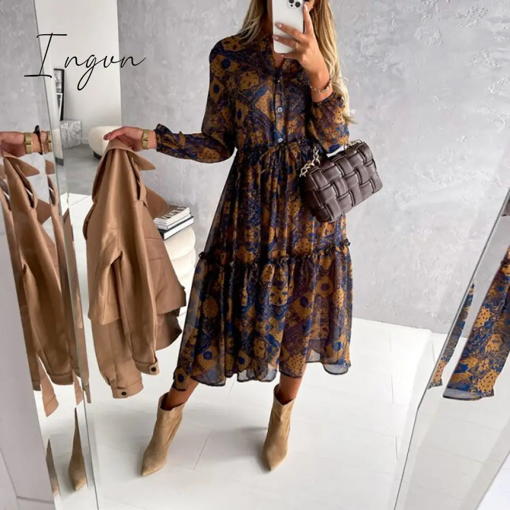 Ingvn - Women Floral Print V Neck Side Slit Party Dress Spring Autumn Long Sleeve Elegant Ladies Sexy Elastic Waist Slim Dress Vestidos