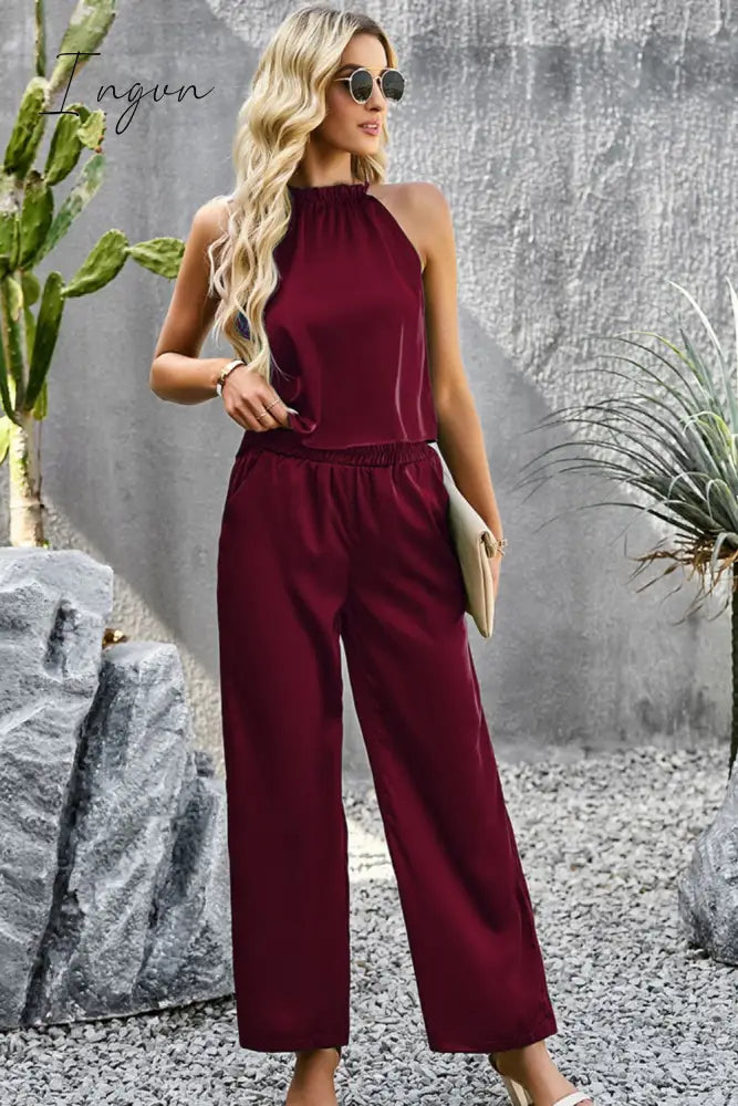 Ingvn - Grecian Neck Sleeveless Pocketed Top and Pants Set