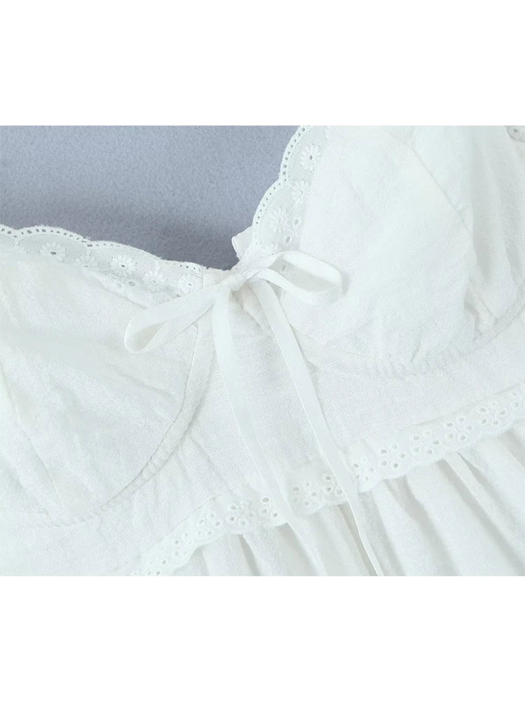 Summer Women Embroidery Spliced Bow White Sling Dress Sexy Sleeveless Back Lacing Up Ladies Holiday Party Mini Robe