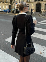 Contrast Color Lapel Suit Dress Elegant Office Woman Outfits Pleatd Splice High Waist Mini Dress Double Breasted Fashion