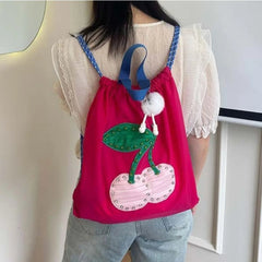 Ingvn  Practical Lovely Korea Drawstring Exquisite Backpacks Sweet Panelled Embroidery Fresh Shopping Bags Print Cherry New Handbags