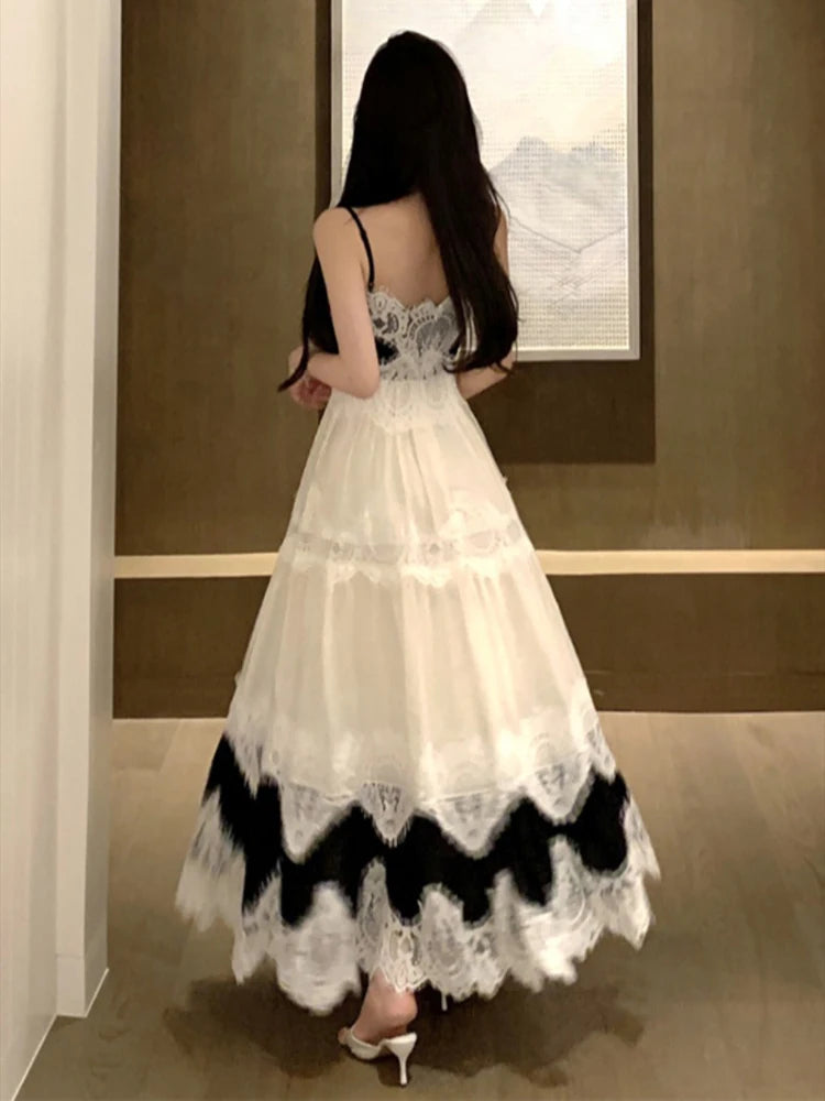 Vintage Fashion Women's Black Beige Patchwork Elegant Pleated Evening Party Dress French Summer Sleeveless Backless Slip Dresses